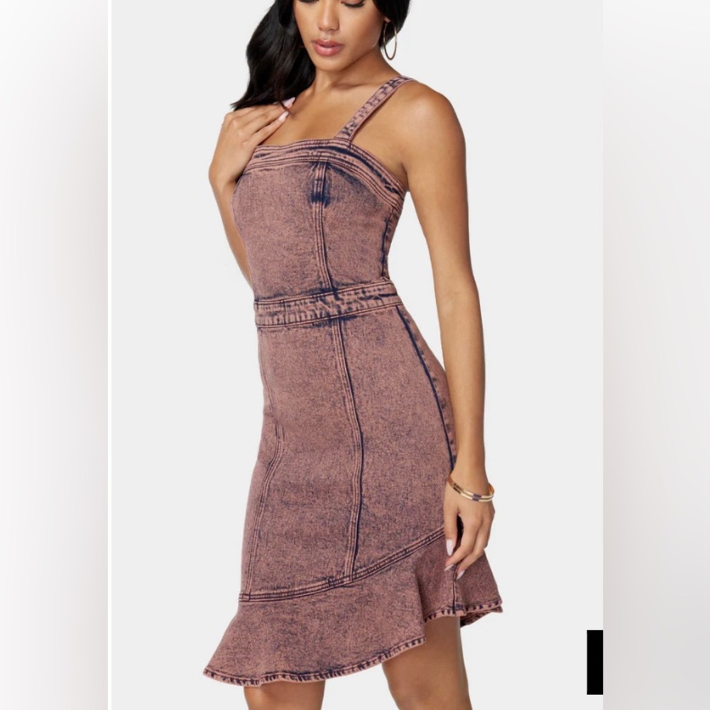 NWT Bebe asymmetrical hem denim washed pink grey bustier dress 4 sold out